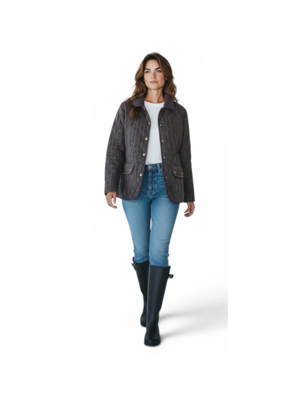 Barbour Dean Tweed Jacket Womens Size 12 Wool Blend Quilted Herringnone